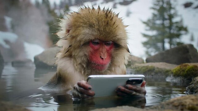 Japanese Macaque Checking Phone in Natural Hot Spring