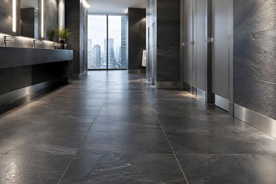 Charcoal slate floor tiles in luxury commercial washroom of modern financial tower atrium
