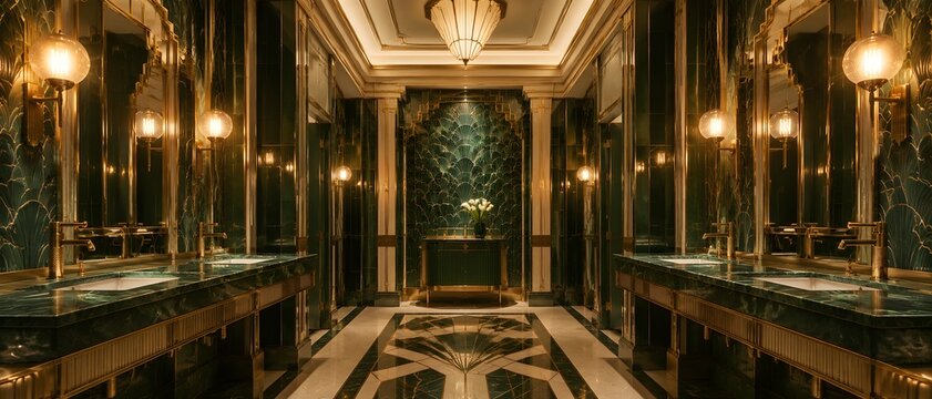 Art deco public restroom with brushed brass accents in vintage revival opera theater