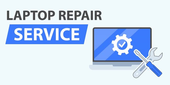 Laptop repair service promotional banner featuring a laptop, repair tools and diagnostic checkmark in motion for computer repair shops, laptop technicians and electronics maintenance businesses.