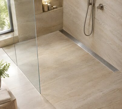Zero entry curbless shower stall with linear floor drain displaying beige sandstone tiles