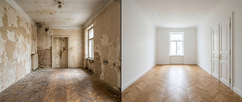 Before and After Room Renovation: Dilapidated to Modern Home Improvement Contrast