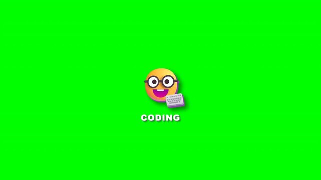 Coding emoji icon with nerd glasses and keyboard typing isolated on green screen