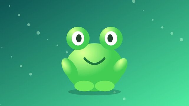 Cute green frog character smiling happily with bright glowing background elements in motion