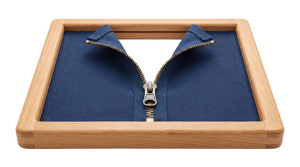 Wooden frame with blue fabric and zipper on a transparent background © YULIIA
