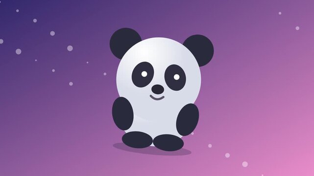 Cute little panda character smiling happily against purple gradient background with floating glowing particles