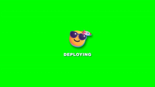 Cool sunglasses emoji with rocket and deploying text on transparent overlay