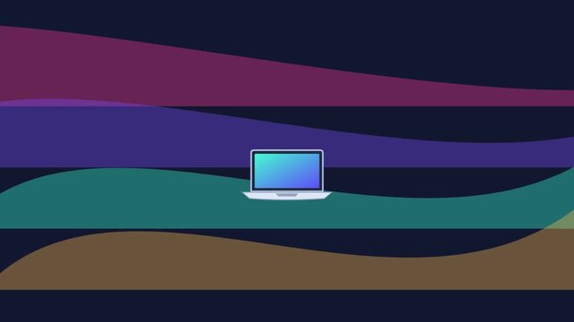 Modern laptop computer floating over abstract colorful flowing wave background graphic motion design