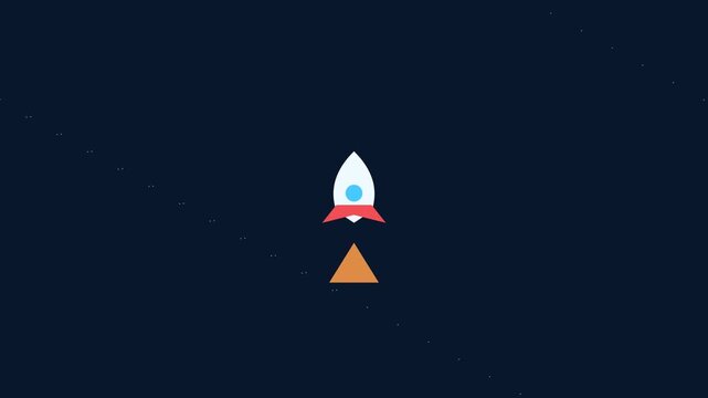 Minimalist vector rocket ship traveling upward through dark blue starry night sky background