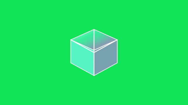 Rotating white outline cube spinning continuously on bright vibrant green background screen display