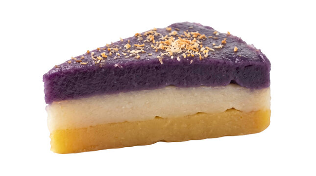 Colorful three-layer ube latik cake slice on a transparent background