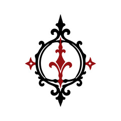 Gothic ornate oval frame with a red fleur de lis center and baroque flourishes, black and red vector icon for royal heraldry, emblem badge and tattoo designs. © Marcelino