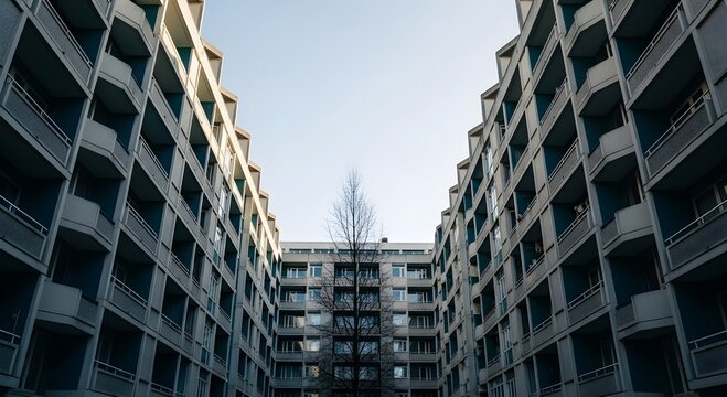 Urban Symmetry Low Angle View of Brutalist Apartment Complex with Repetitive Balconies and Central Bare Tree. Ideal for urban planning articles and real estate development marketing.