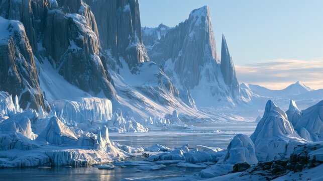 Towering icy peaks rise dramatically above a frigid ocean, showcasing a stunning winter landscape representing a remote polar wilderness
