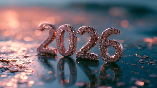 Sparkling numbers showing 2026 reflecting in a blurred bokeh background, symbolizing future events and New Year celebrations