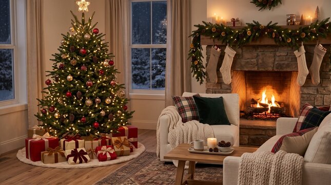 Cozy Christmas living room with a decorated tree, wrapped presents and a glowing fireplace, creating a warm and festive holiday atmosphere.