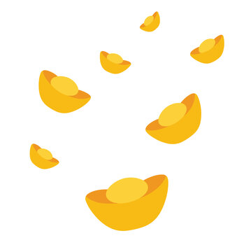 Flat Vector Golden Yuanbao Ingots Falling on White Background