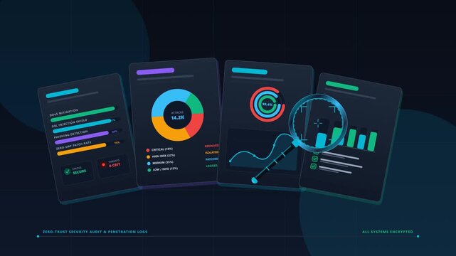High-tech dark mode 2D motion graphic depicting cybersecurity penetration testing, firewall audit reports, threat analytics, and a sleek magnifying glass inspecting vulnerability metrics in a seamless