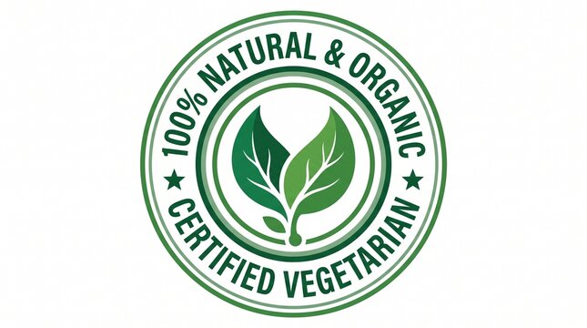 100% natural organic certified vegetarian stamp with leaf logo on