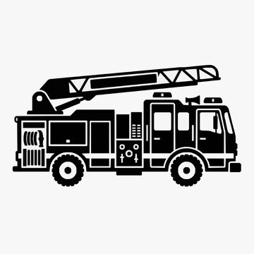 Modern Black and White of a Fire Truck with Ladder and Emergency Equipment with high quality professional line art symbols for modern creative design and digital branding projects