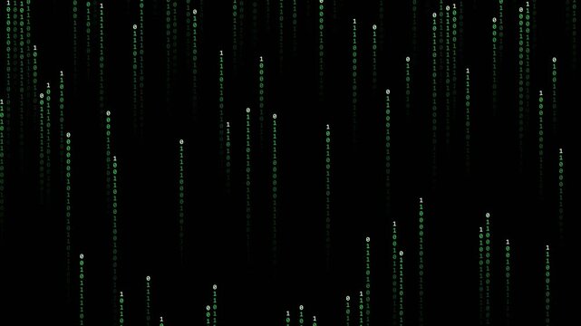 Green Digital Code Rain Falling on Black Background, Binary Data Stream Technology Animation, 4K Seamless Loop