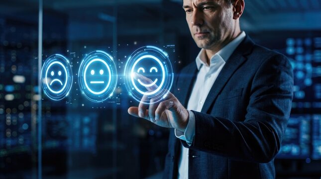 Business professional interacting with digital emotional intelligence interface and data analysis