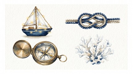Vintage nautical compass rope coral ship illustration with copy space © Nafees
