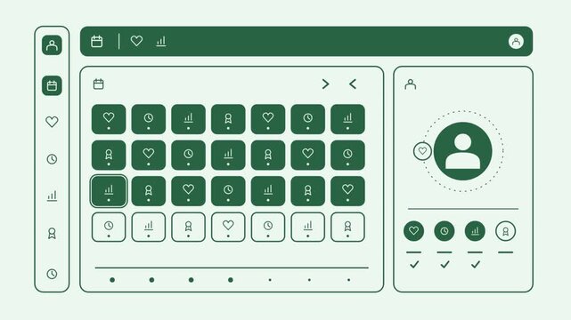 Minimalist green user interface dashboard design featuring habit tracking icons, data visualization charts, and calendar layout for productivity or wellness application software motion graphics.