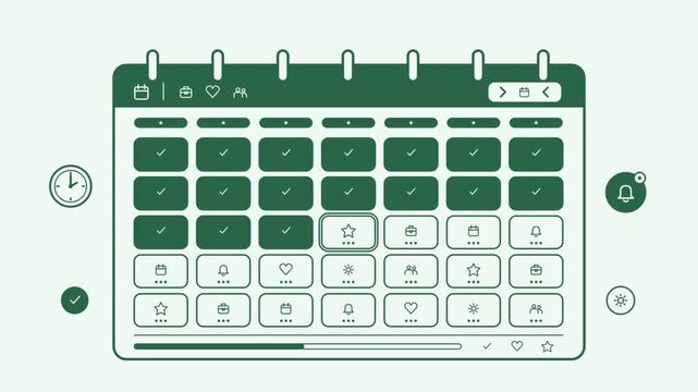 Flat design digital calendar and habit tracker animation showing productivity progress with green interface elements checkmarks and daily task icons for business and time management