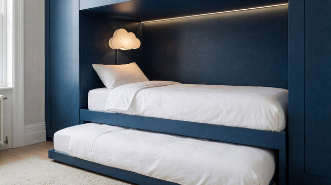 Trundle bed pulled out from under a built in navy cabin bed with warm evening light