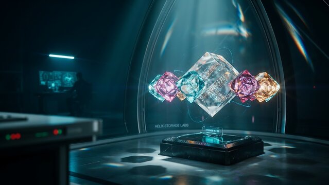 Abstract Sci-Fi Crystal Display showcasing vibrant, multi-faceted gemstones on a futuristic platform with subtle backlighting