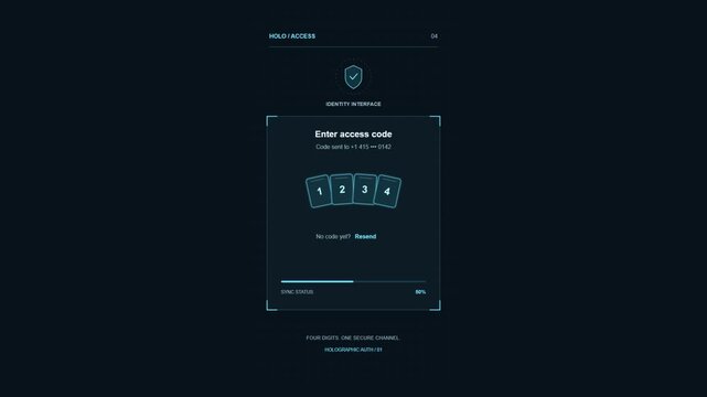 Futuristic digital user interface screen displaying a secure holographic authentication process for entering a four-digit access code to verify identity with a shield icon and sync status bar.