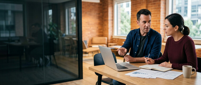 Business colleagues collaborating on laptop and documents in modern office
