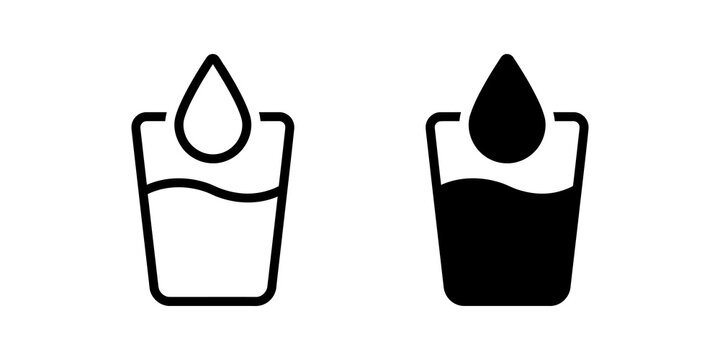 Glass with water and drop icon for hydration and drinking symbol.