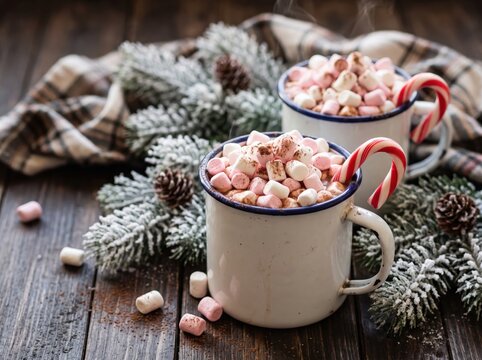 Two mugs of hot chocolate with marshmallows and candy canes, winter drink photography. White enamel mugs with blue rims overflow with pink and white mini marshmallows, striped candy canes inside, on