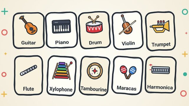 Musical Instrument Flashcards Animation Cute Cartoon Illustration Vector Design Presentation For Kids Preschool Early Educational Learning Content