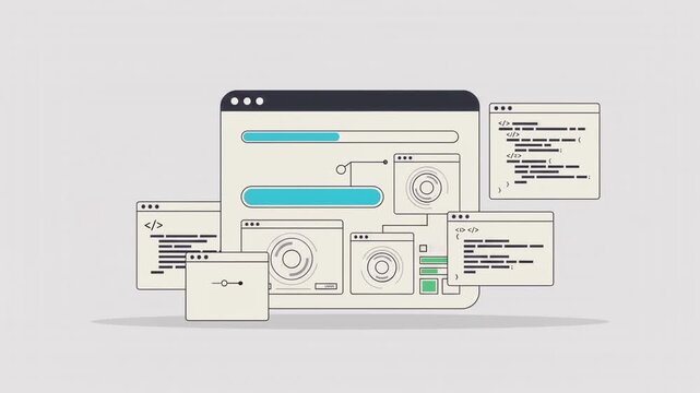 Conceptual animation of software development process showing code windows, progress bar reaching 100 percent, a checkmark for success, and a package box representing delivery or deployment.