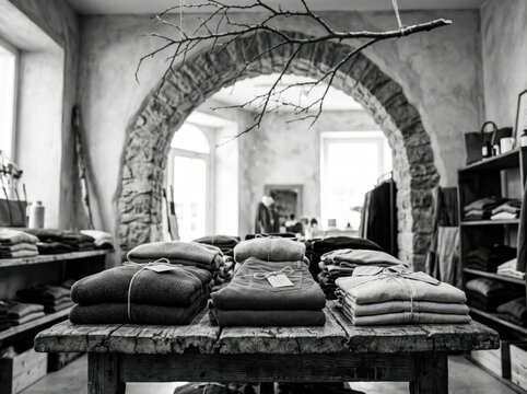 Black and white boutique shop interior with stacked folded clothes on a rustic table, retail lifestyle photography. Neatly folded sweaters and trousers tied with small tags rest on a worn wooden table