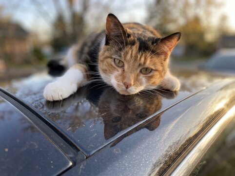 Calico cat resting its head on a glossy car roof with reflection. A tricolor cat with green-gold eyes lays a white paw forward, its mirror image visible on the dark reflective surface. Warm soft