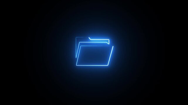 Green neon file folder icon on dark background, glowing document storage archive symbol. 4k animation