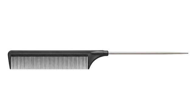 Black rat tail comb with metal pin for hairstyling on a transparent background