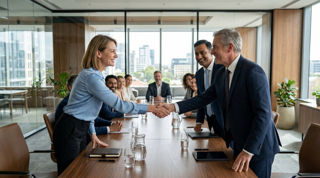 Business handshake in modern office boardroom, diverse team meeting