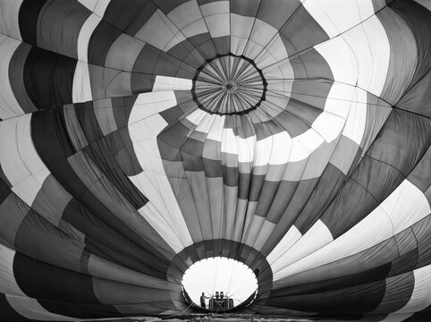 Inside a hot air balloon seen from below in black and white. Radiating panels in contrasting grays and whites form a circular pattern around the opening, with a tiny person standing at the bottom