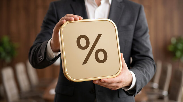 Interest rate percent on a gold tile for bank loan and mortgage rate decisions, central bank lending policy and inflation rate changes that shape the cost of borrowing