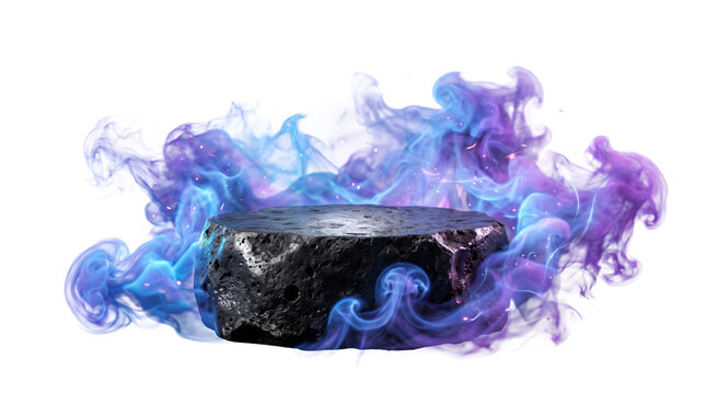 3D Black Stone Product Stand with Glowing Neon Smoke Isolated on White Background