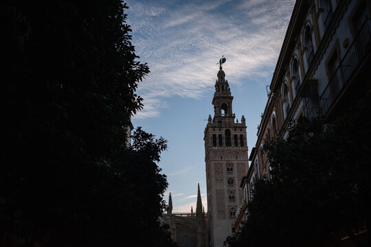 Giralda tower above a shaded street in Seville, Spain