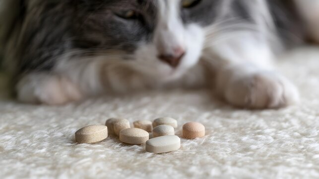 A gray and white cat rests near scattered pills on a fluffy carpet  suggesting a pet health or medication context