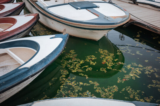 Rowboat moor at a calm canal in Seville, Spain