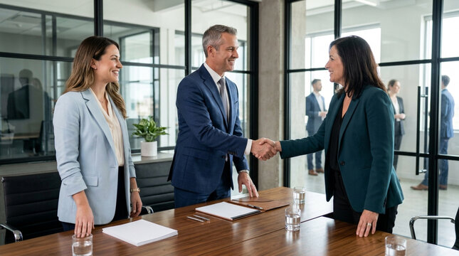 Business handshake in modern office meeting room with diverse team celebrating success