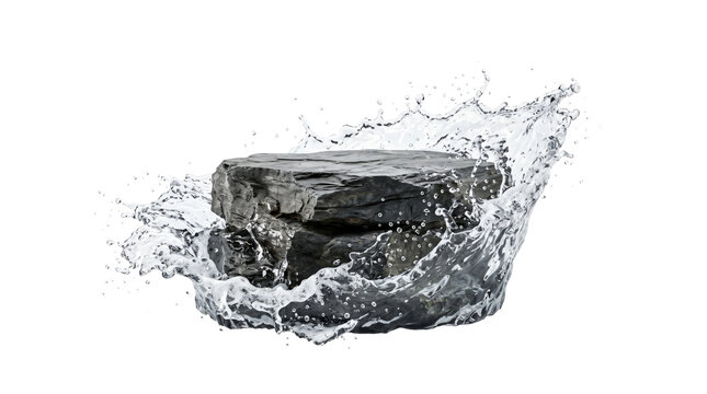 3D Rough Slate Rock Podium with Dynamic Water Wave Splash Isolated on White